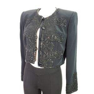 Bellissima Couture black formal crop beaded jacket vintage embellished
